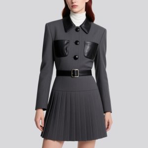 fashionable-pleated-waist-long-sleeved-dress